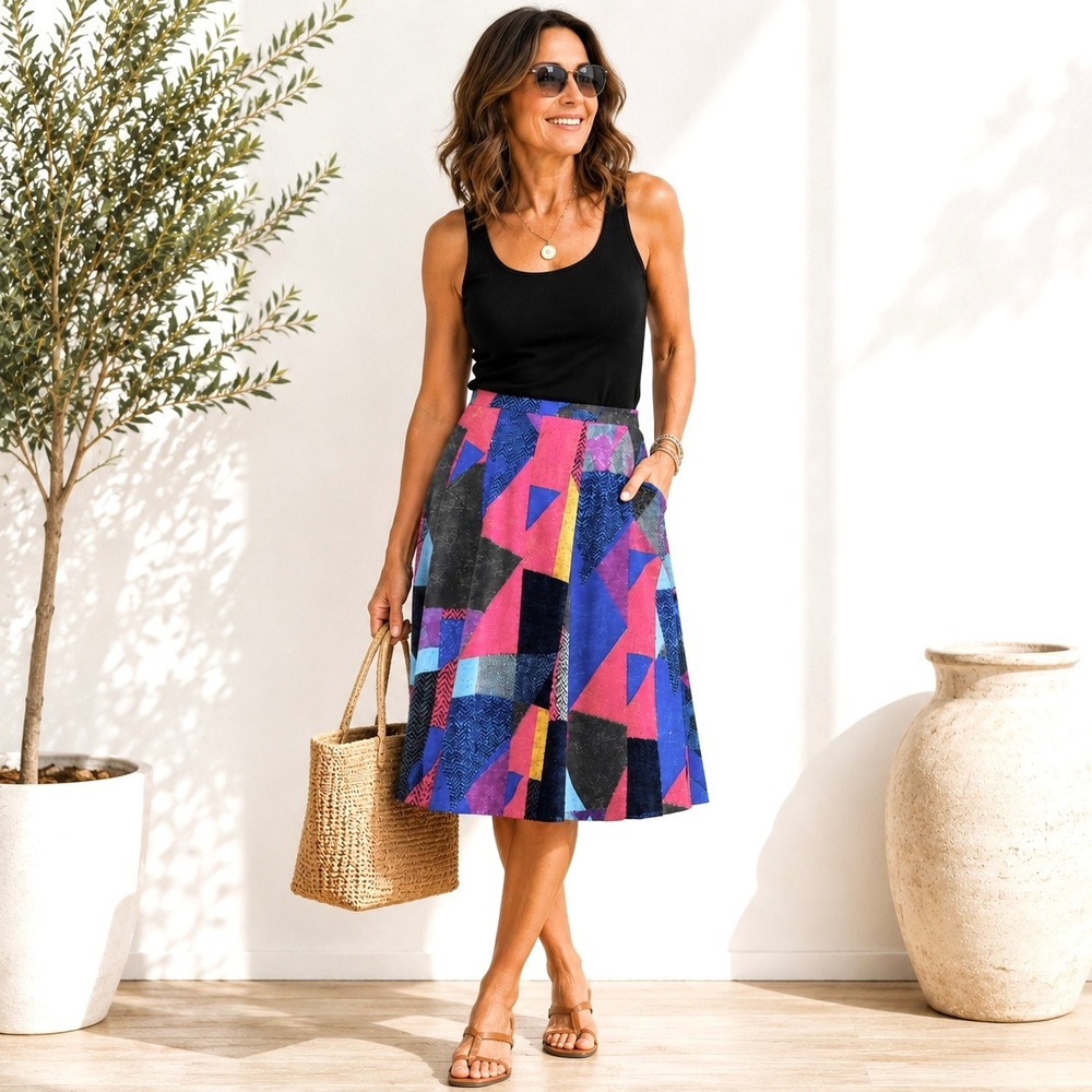 Maeve Anthropologie A-Line Midi‎ Skirt Women XS Geometric Flare Office Siren 90s